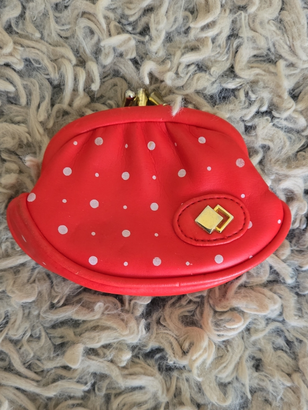 Vintage Faux Leather Red Polka Dot Three Pocket Coin Purse with Gold Accent